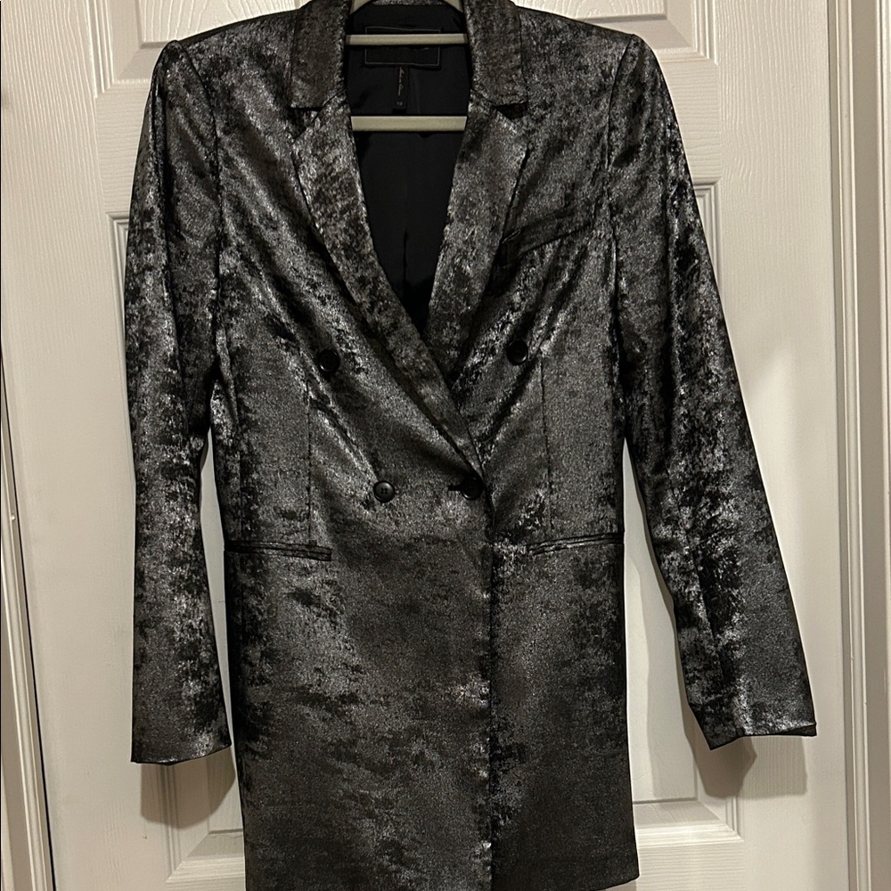 BCBGMaxAzria🩶 Metallic Gray/Black Double Breasted Long Blazer. Size XS - Picture 4 of 10